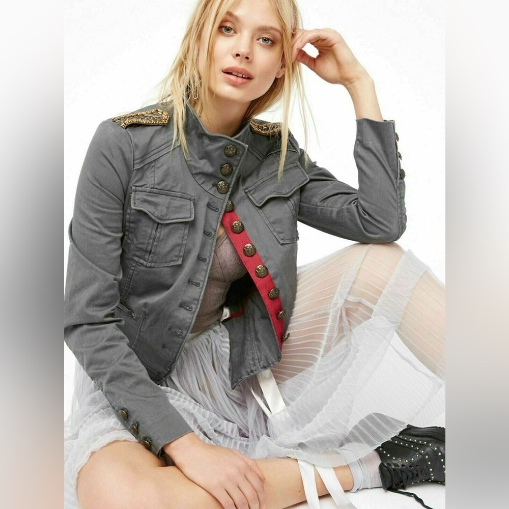 Free People Gray Military-Style Utility Jacket with Red Trim